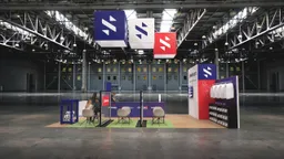 20x20 booth with colorful signs and photo booth